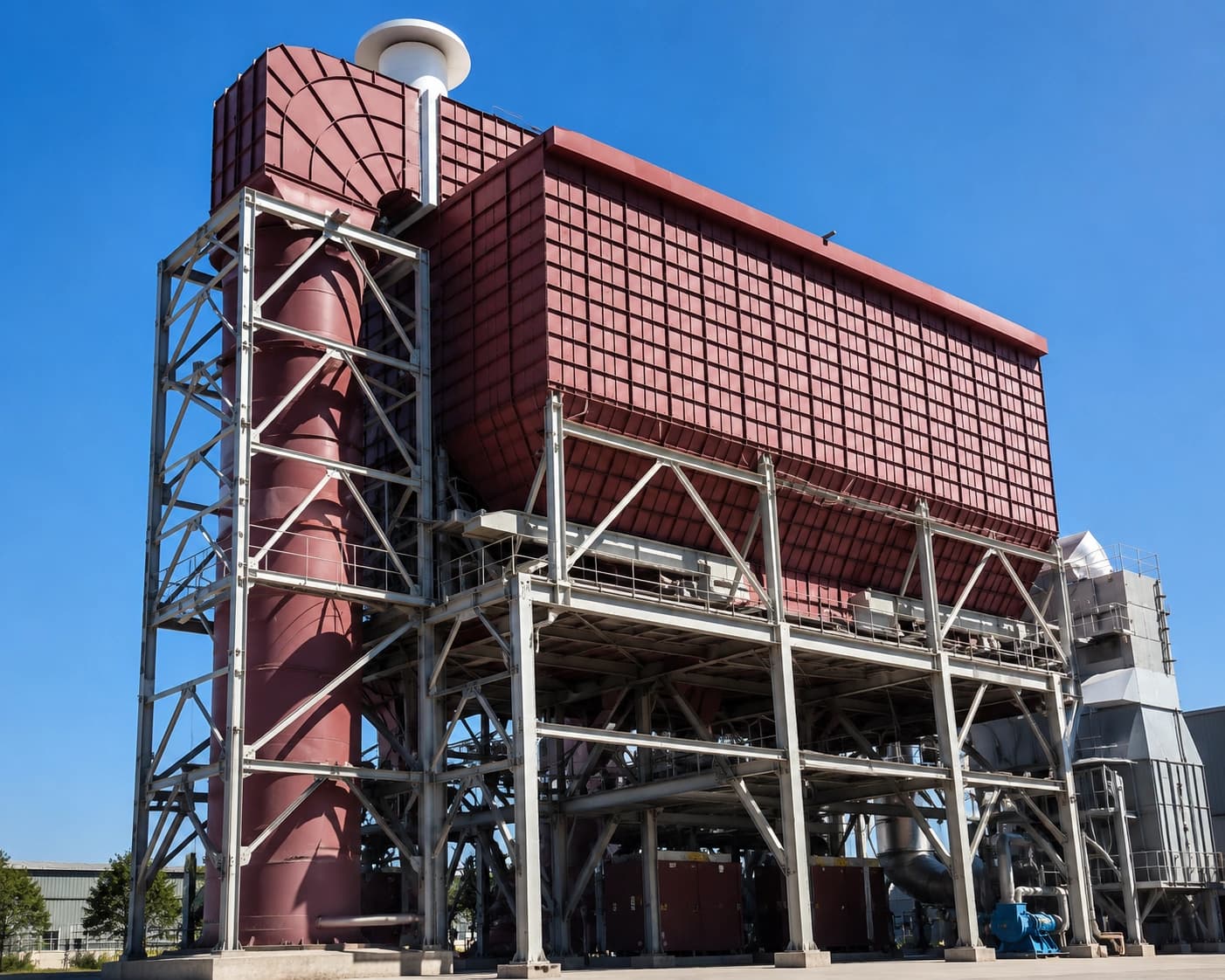 Large-scale BETH bag filter house with clean-gas stack