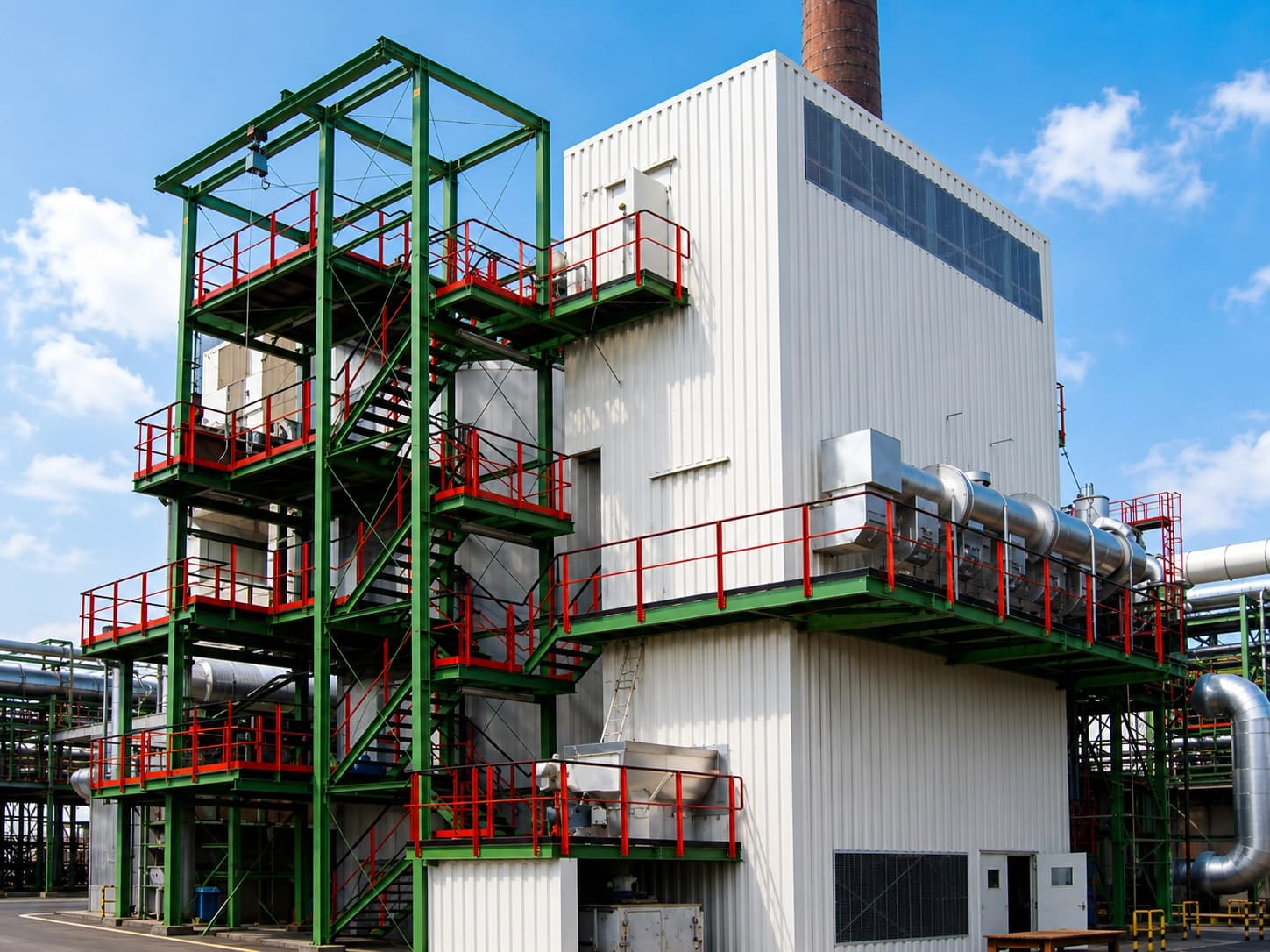 Flue gas cleaning plant with access platforms and stack