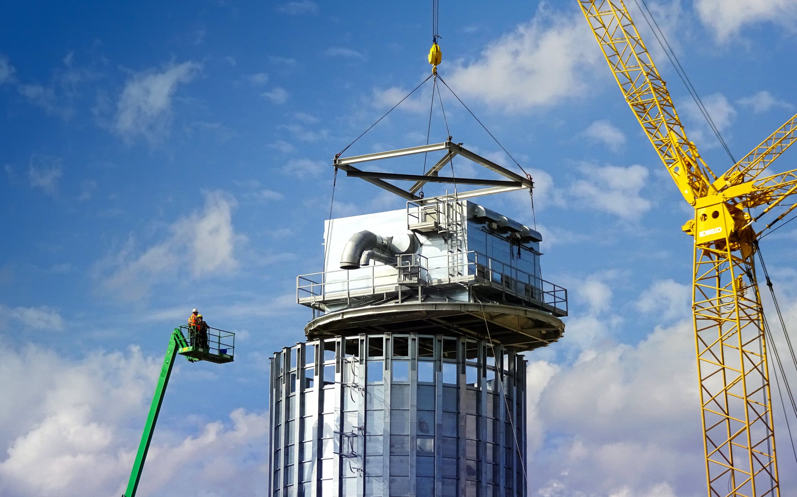 Filter module lifted into position by crane during installation